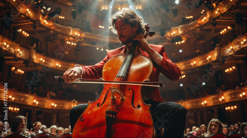 Cinematic shot of Male Cellist Playing Cello Solo on an Empty Classic Theatre Stage with Dramatic Lighting. Professional Musician Rehearsing Before the Start of a Big Show with Orchestra.