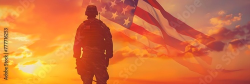 Soldier's silhouette against American flag at sunset. Memorial Day and Independence Day concept. Design for banner, header with copy space