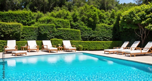 A swimming pool surrounded by lounge chairs and trees.