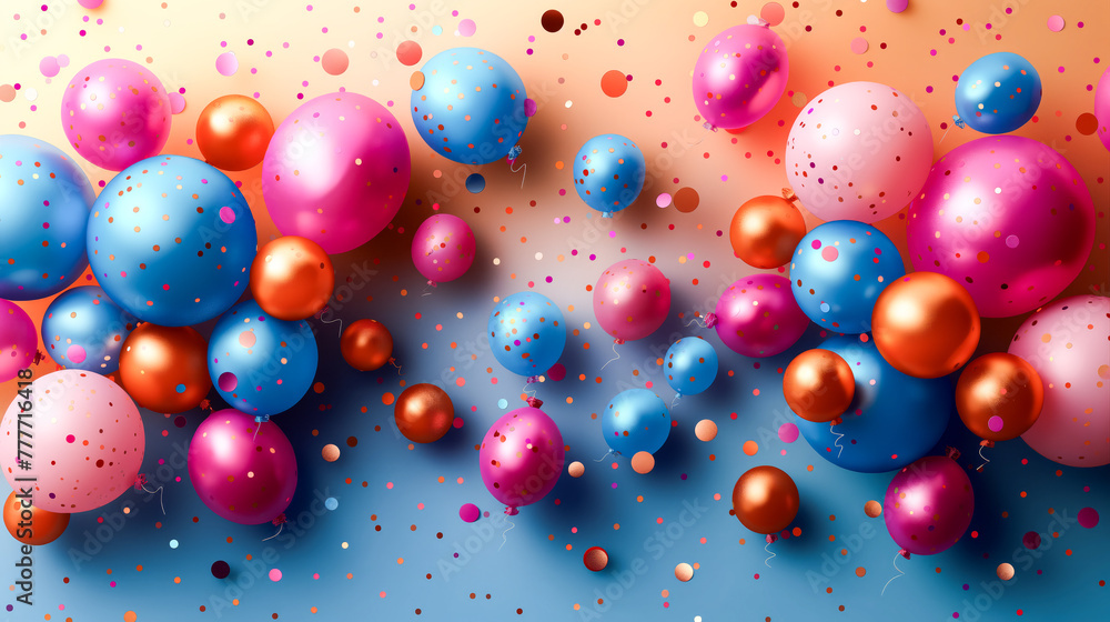 balloons and confetti on color top view. Festive background with place for text balloons and confetti on color top view. Festive background with place for text