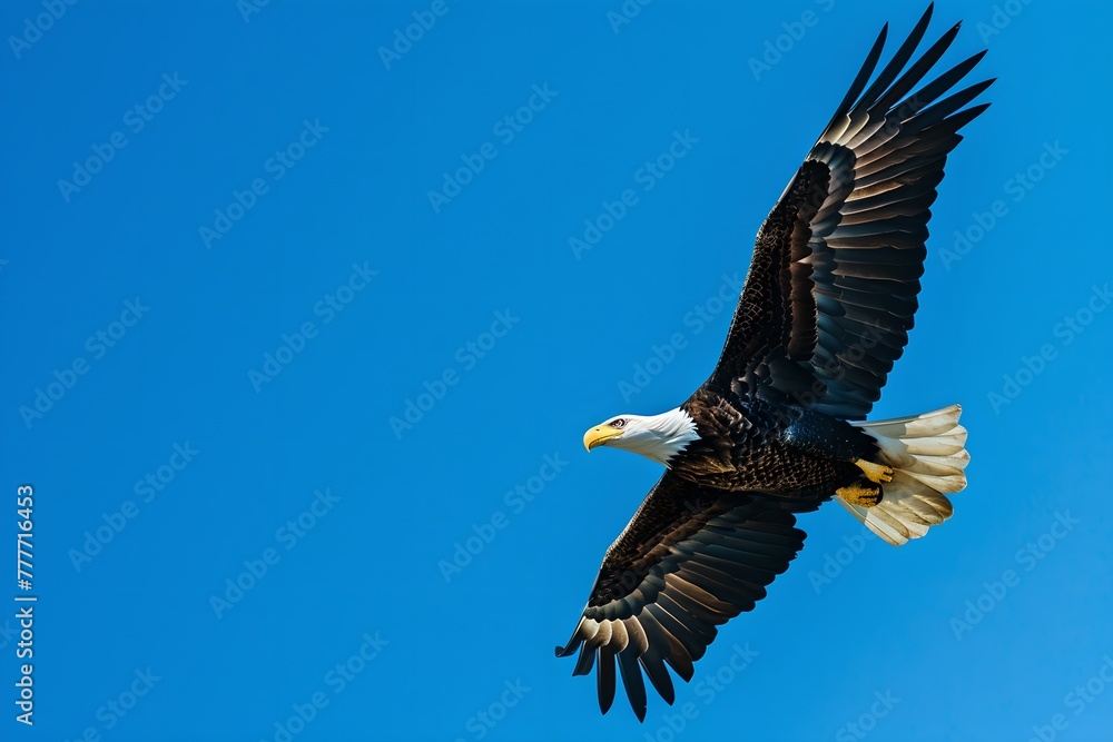 Bald eagle in flight against blue sky. Memorial Day and Independence Day. Wildlife concept. Design for banner, poster with copy space Bald eagle in flight against blue sky. Memorial Day and Independence Day. Wildlife concept. Design for banner, poster with copy space
