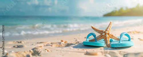 Obraz  z motywem Flip-flops paired with a starfish laid out on sandy beach evoke feelings of relaxation and vacation times