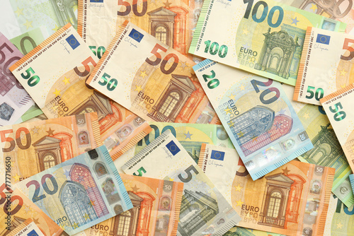 Many european euro money bills. Lot of banknotes of european union currency close up