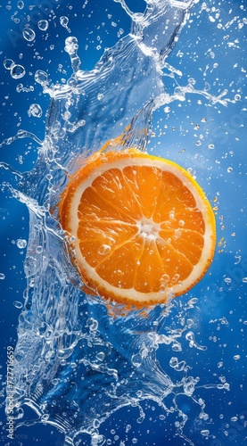 Vibrant image of an orange slice with water splashing around it  showcasing freshness and vitality