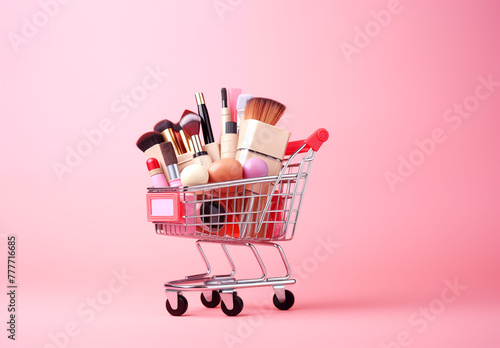 Shopping cart full with makeup cosmetics with accessories Online shopping concept 