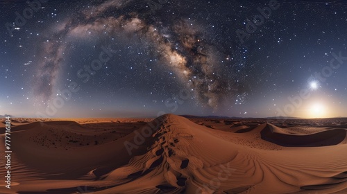A moonlit desert landscape  the dunes casting long shadows under the night sky  stars twinkling above in vast numbers  evoking a sense of mystery and the sublime vastness of the universe.