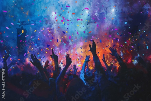 An exuberant crowd with hands up is celebrating a joyful event with colorful confetti in a festive atmosphere. 