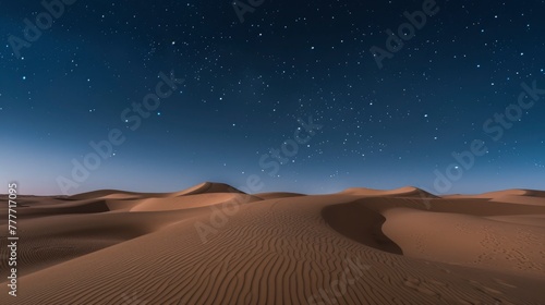 A moonlit desert landscape, the dunes casting long shadows under the night sky, stars twinkling above in vast numbers, evoking a sense of mystery and the sublime vastness of the universe.
