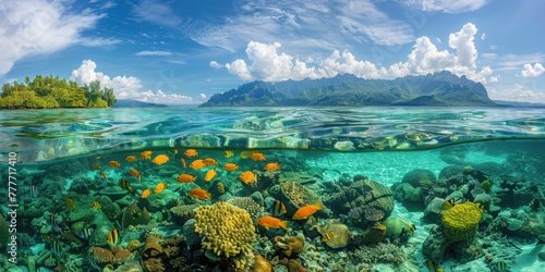 Underwater View of Coral Reef With Small Island