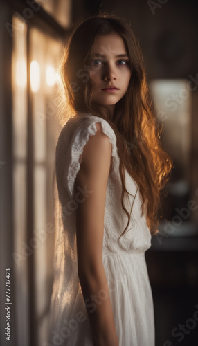 Girl in white dress by the window