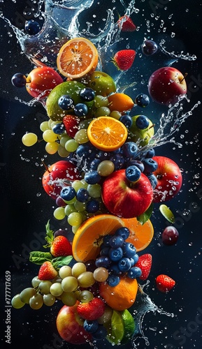 A dynamic display of fresh fruits cascading with water splashes, symbolizing freshness and natural vitality