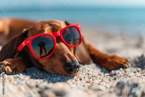 A relaxed dog in red sunglasses lies on the beach under the sun, capturing a serene moment