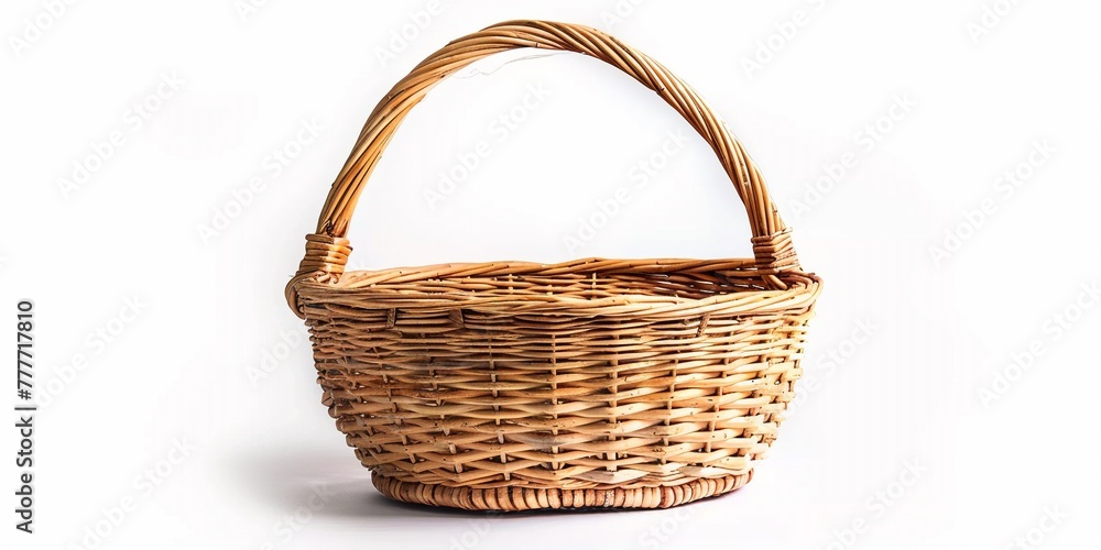 Empty wicker rattan basket isolated on white background.