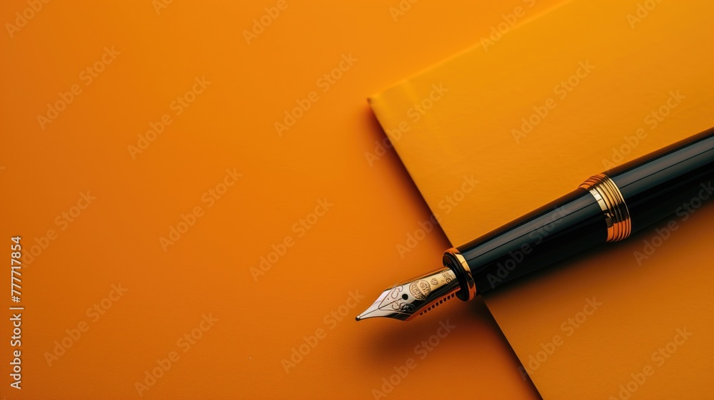 Luxury fountain pen on closed orange notebook with matching background Luxury fountain pen on closed orange notebook with matching background