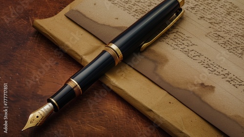 Elegant fountain pen on vintage paper and leather-bound book wooden table