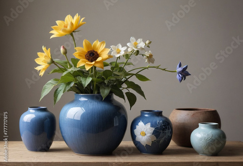 Japanese Ikebana flower arrangements in simple minimalistic Utsuwa Japanese ceramic containers or vases with blue glaze drawings of flowers plants and animals, stunning beautiful exotic flowers like h photo