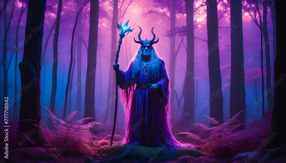 A fantasy character with horns, long purple hair, and blue skin, standing in a purple forest. Additionally, an elf with horns, long purple hair, and blue skin holds a glowing stick
