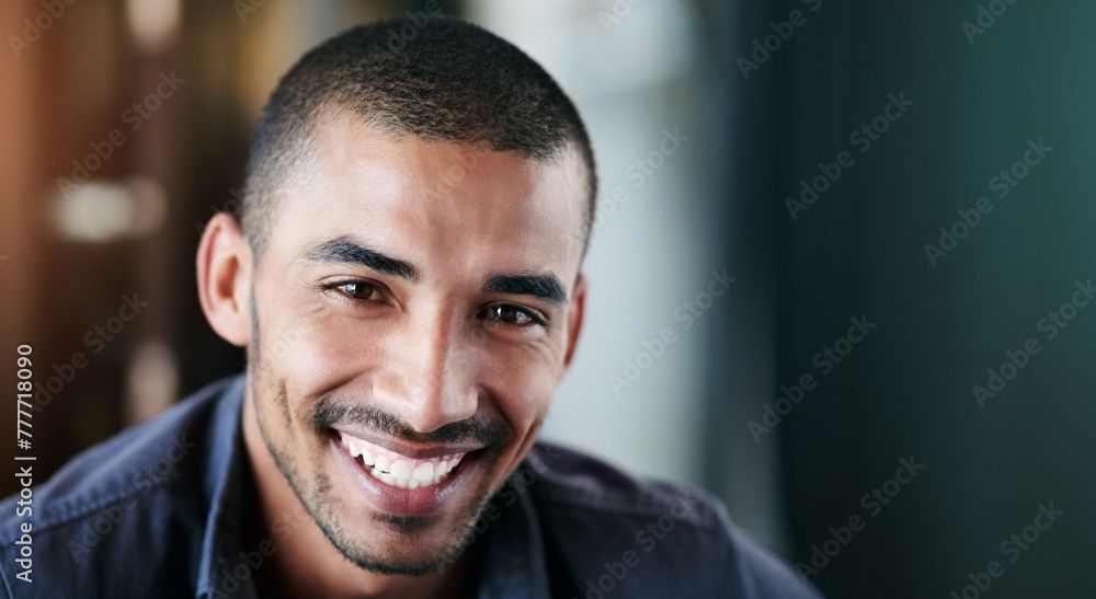 Portrait, professional and face of man, smile and workspace of company, happiness and career. Relax, employee and male person with shirt, model and staff in job or workplace, background and office - obrazy, fototapety, plakaty 