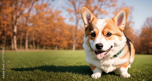 A small, fluffy dog standing on the grass with its tongue hanging out of its mouth.