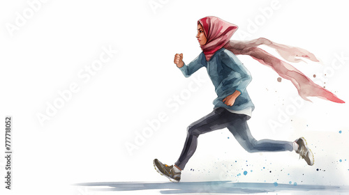 Dynamic Watercolor Illustration of Woman in Hijab Running