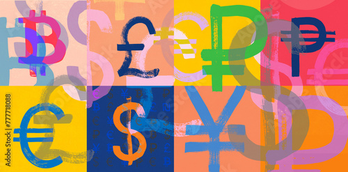Different Currencies in Painterly Brushstroke Colors and Textures