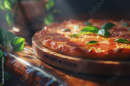 A sumptuous pepperoni pizza with glistening cheese and basil leaves, basked in warm sunlight.