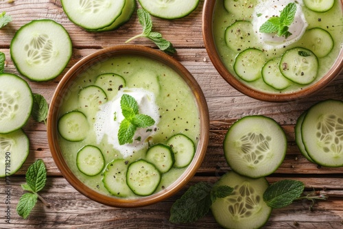 A bowl of cool cucumber gazpacho topped with cream and mint, surrounded by fresh cucumber slices.