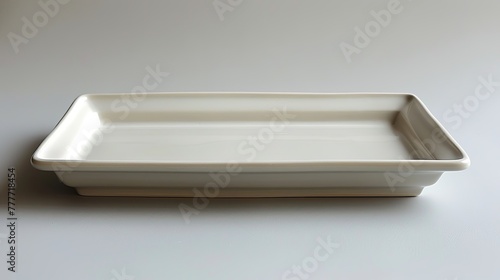 Porcelain plate with rounded corners, entirely white in color and rectangular in shape.