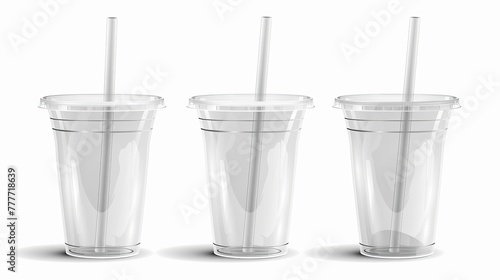 Vector realistic 3d empty clear plastic disposable cup with a straw set closeup isolated on white background. Design template of packaging mockup for graphics - milkshake, tea, fresh juice, lemonade