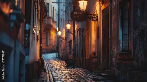 A narrow alley in an old town lit by vintage lamps at dusk, cobblestone pavements reflecting the soft glow, creating an atmosphere of mystery and nostalgia, emphasizing the intimate scale