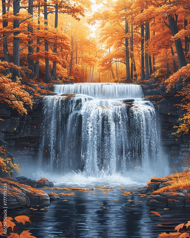 Autumn waterfall in forest, seasonal beauty, cascading water, nature scene,  wallpaper, nature background 