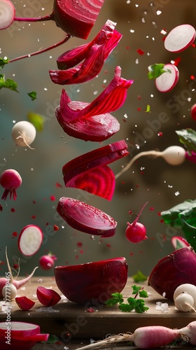 The Art of Freshness: Sliced Beetroot and Radishes in Flight