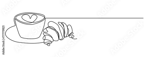 One continuous line drawing of coffee cup and French croissant on transparent background. Minimalist line art design for cafe or restaurant menu, web banner. Editable stroke. Vector Illustration 