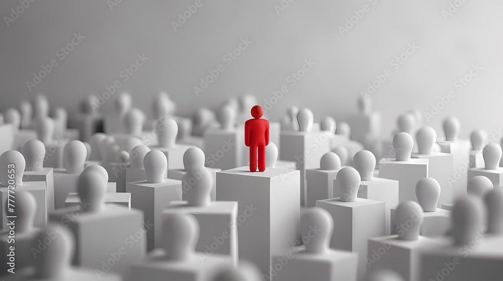 3d rendering of one red 3d man in the middle of many white ones, standing on square cube box talking to group of people looking at him isolated on clear white background