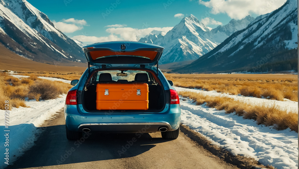 Naklejka premium Car with open trunk, suitcases on the road winter travel