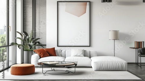 mock poster frame with modern interior living room background.