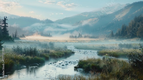 A peaceful morning scene in a mountain valley, the fog lifting to reveal dew-covered meadows and a meandering stream, the first light of day painting the peaks in soft hues, a depiction of quietude