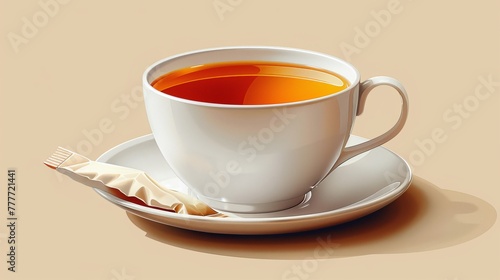 Vector illustration depicting black tea served hot with a tea bag in a white cup.