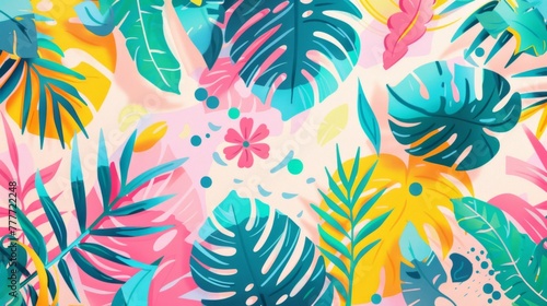 Colorful abstract summer background with palm leaves. wallpaper. space for text