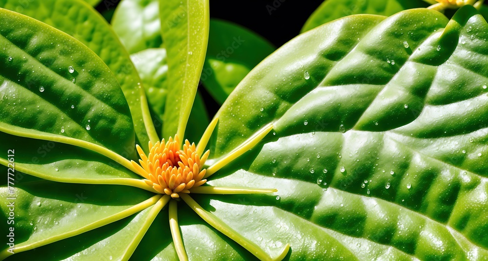 A close-up of a green leaf with a yellow flower in the center. A close-up of a green leaf with a yellow flower in the center.