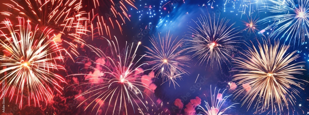 Fireworks display in the night sky, red white and blue colors, large banner format, clear background, festive atmosphere Generative AI Fireworks display in the night sky, red white and blue colors, large banner format, clear background, festive atmosphere Generative AI