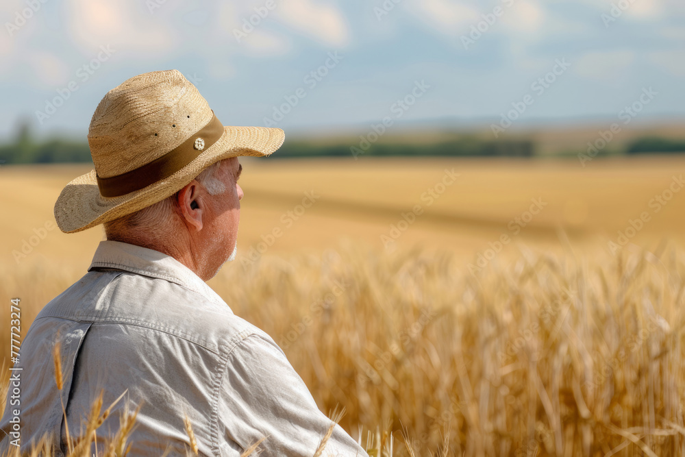 Farmer observing wheat field. Agriculture and business concept. Generative AI Farmer observing wheat field. Agriculture and business concept. Generative AI