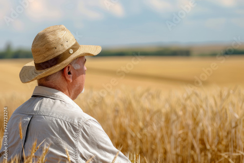 Farmer observing wheat field. Agriculture and business concept. Generative AI © barmaleeva