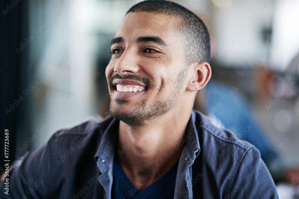 Business, thinking and happy man smile in office with memory, reflection or positive attitude. Face, idea or male entrepreneur with vision, dream or planning, goal or inspiration at company tradeshow Business, thinking and happy man smile in office with memory, reflection or positive attitude. Face, idea or male entrepreneur with vision, dream or planning, goal or inspiration at company tradeshow