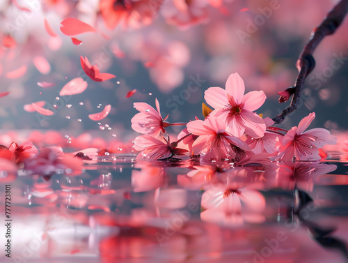  sfondo di albero di ciliegio in fiore, foglie delicate, petali nell' acqua bassa, foglie colorate,  luce naturale, petali che cadono nell'acqua limpida,  photo