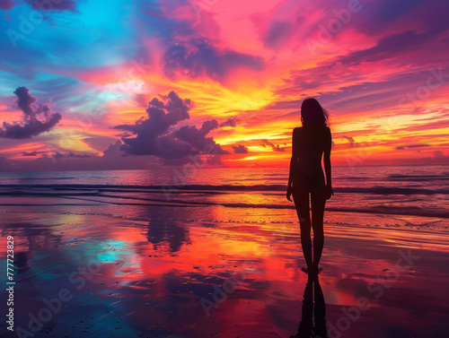 Silhouette di una donna sulla spiaggia, donna che guarda il cielo al tramonto sulla spiaggia
