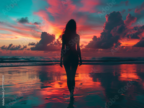 Silhouette di una donna sulla spiaggia, donna  che guarda il cielo al tramonto sulla spiaggia photo