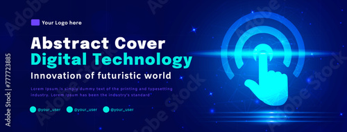 Digital technology poster cover, fingerprint scan blue background, cyber information, abstract communication, innovation future tech data, internet network connection, Ai big data, illustration vector