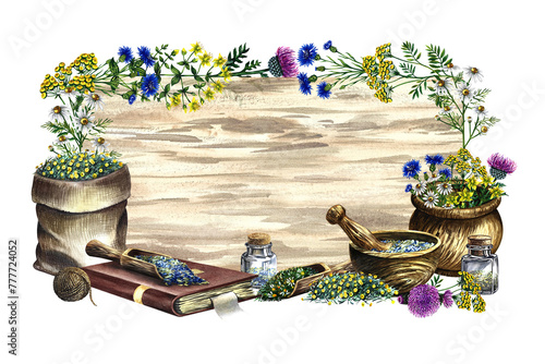 Obraz na plátně A frame with medicinal herbs cornflower, chamomile and tansy