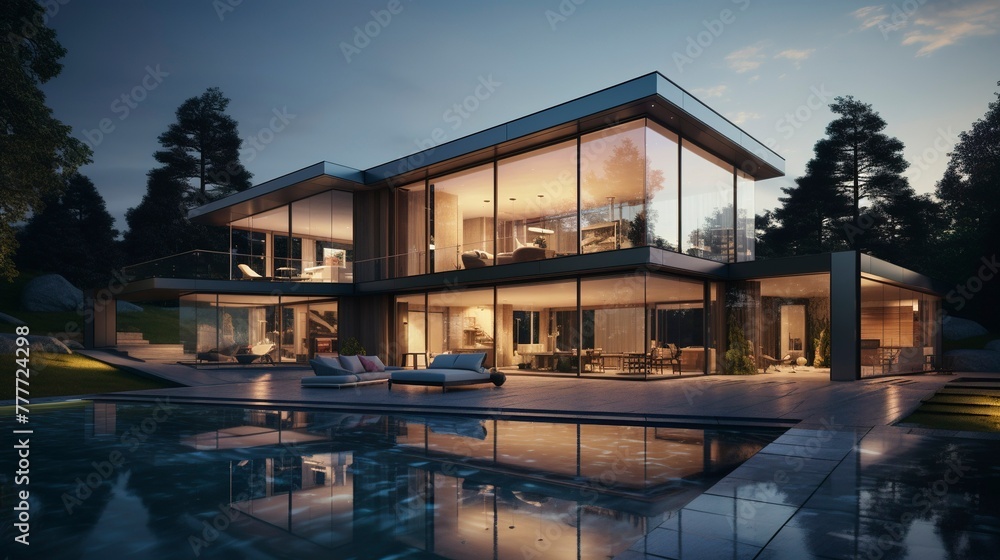 Luxurious modern house with large windows,